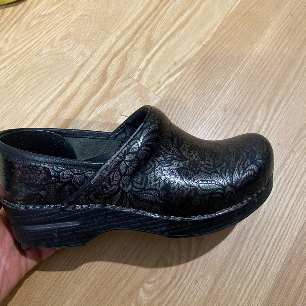 Dansko iridescent lace pattern clogs